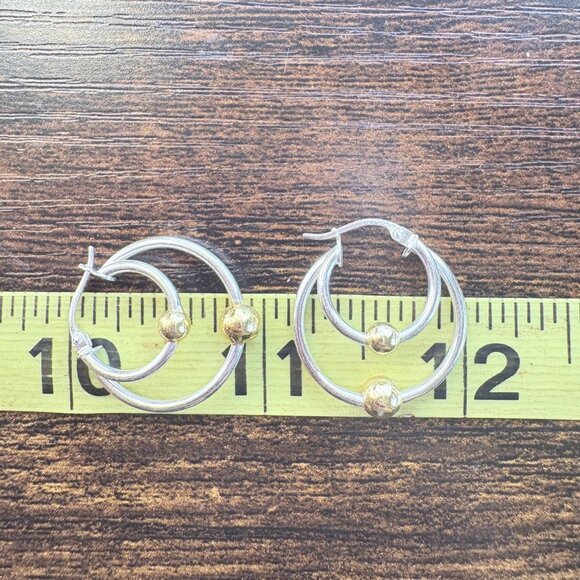 Two Tone Sterling Silver 925 Gold Bead Double Hoop Earrings Size 1" Length - Picture 7 of 7